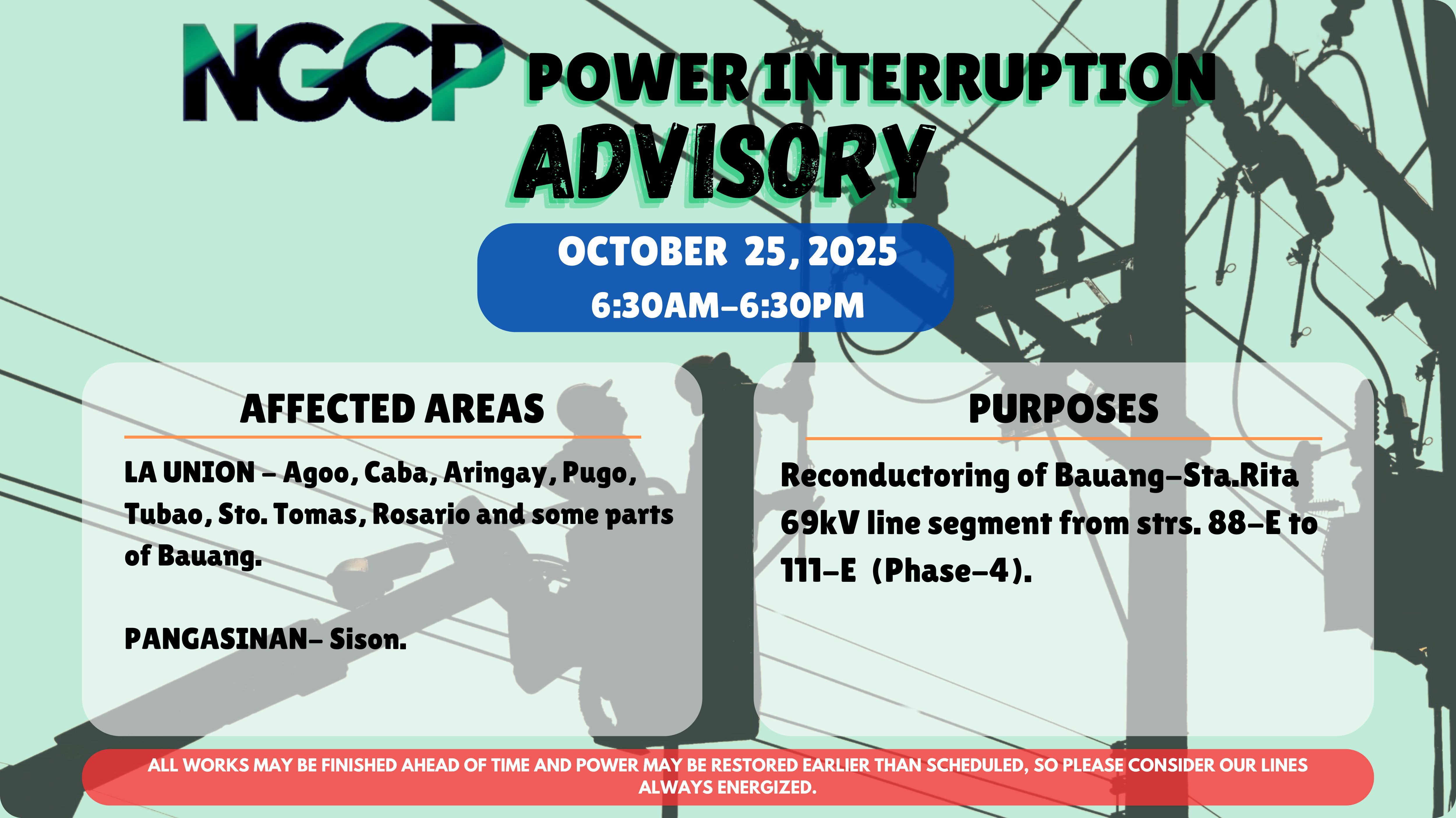 The National Grid Corporation of the Philippines – NGCP is scheduling a power service interruption