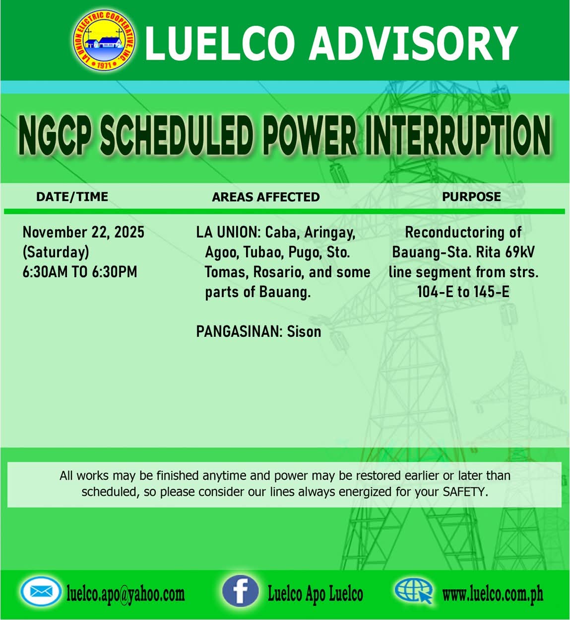 The National Grid Corporation of the Philippines – NGCP is scheduling a power service interruption