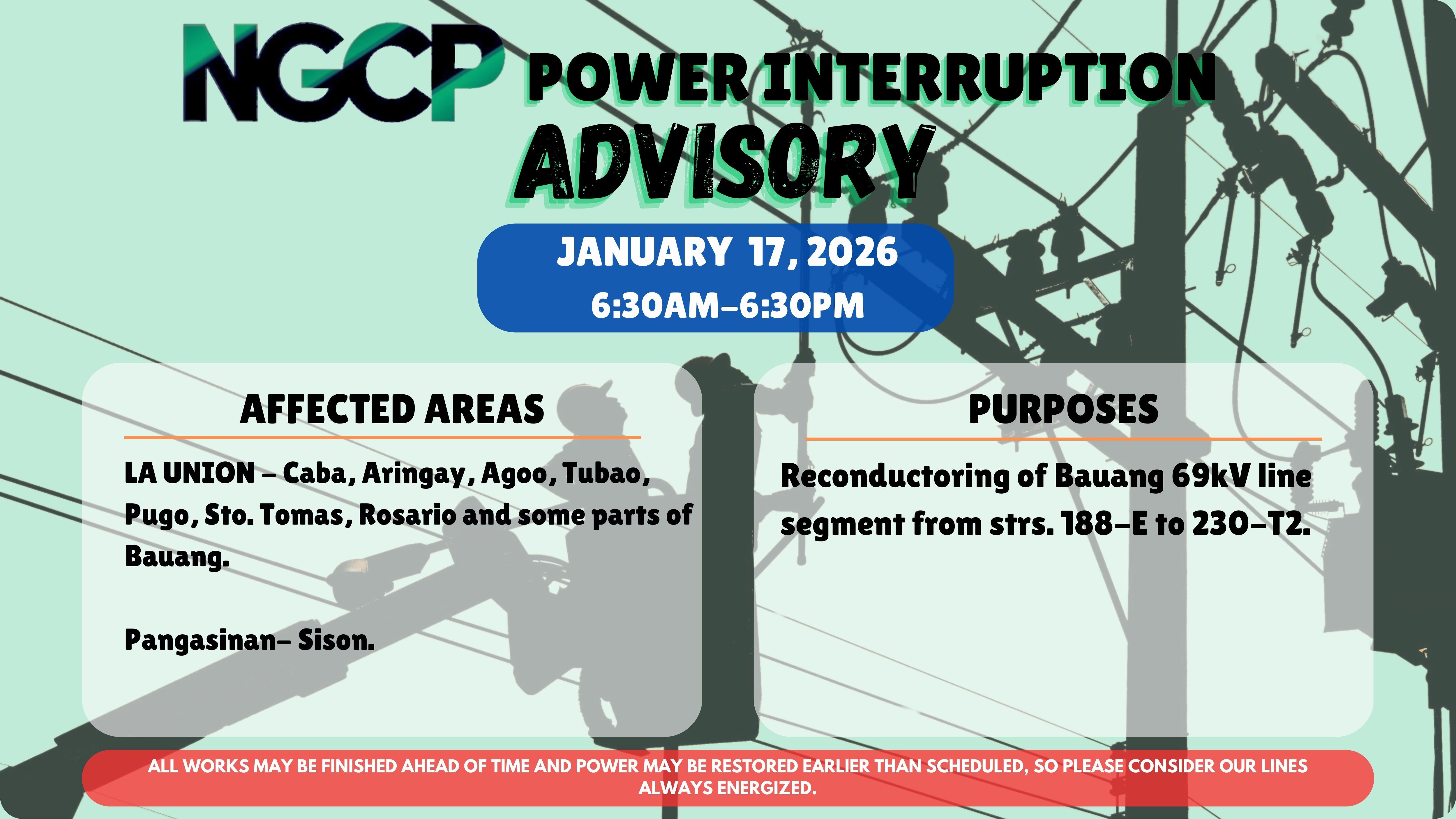 The National Grid Corporation of the Philippines – NGCP is scheduling a power service interruption