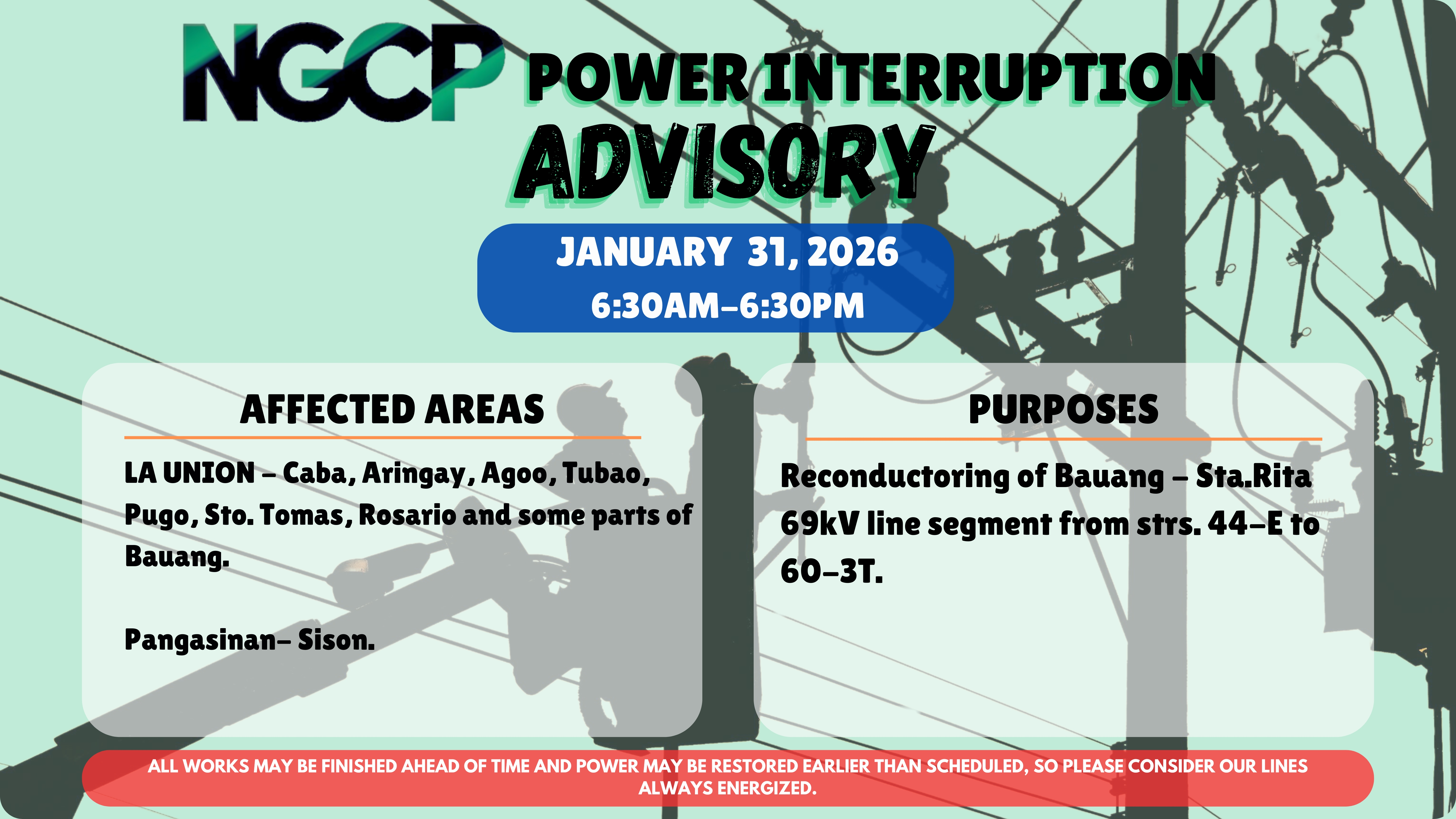 The National Grid Corporation of the Philippines – NGCP is scheduling a power service interruption