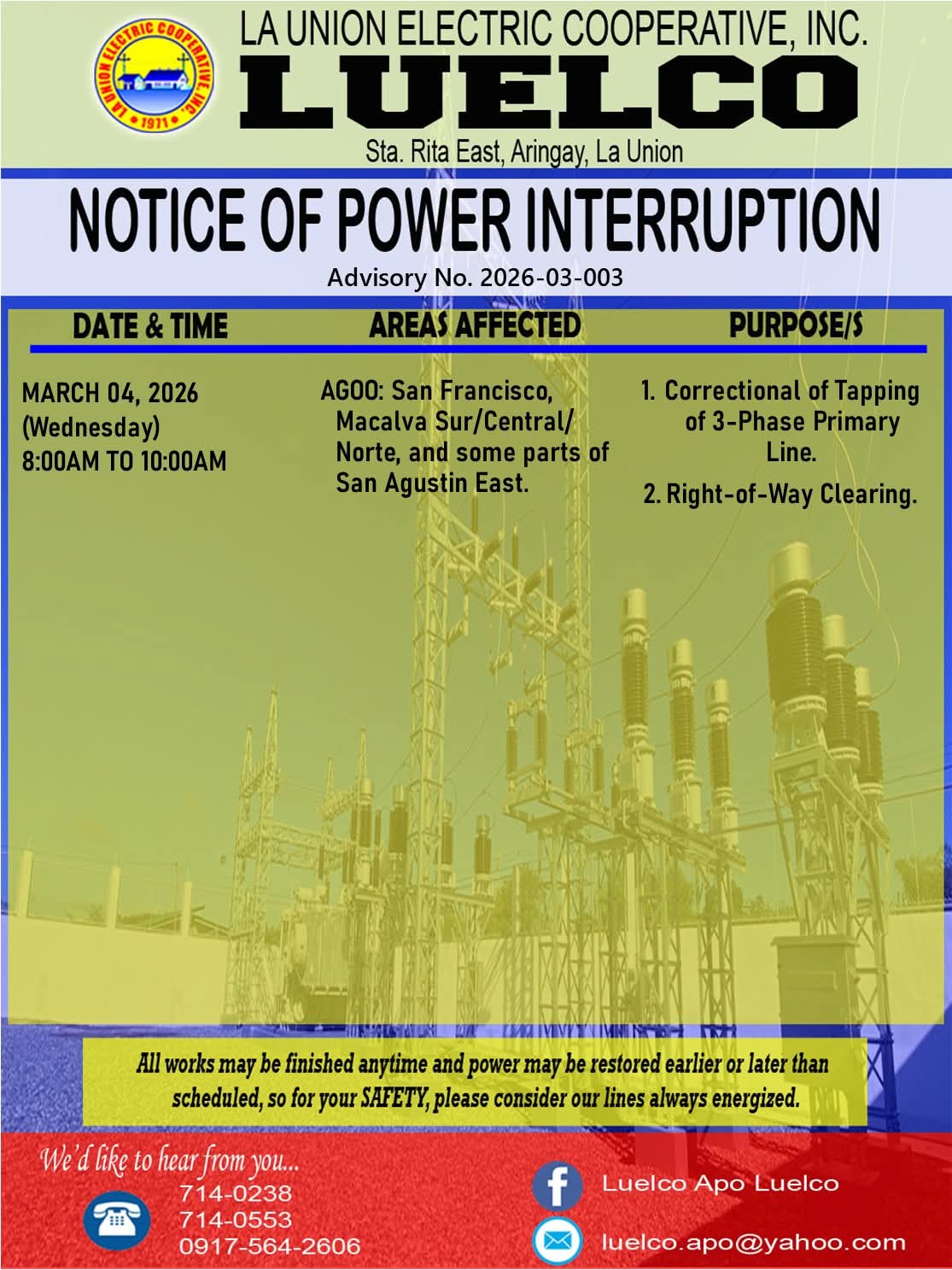 The National Grid Corporation of the Philippines – NGCP is scheduling a power service interruption