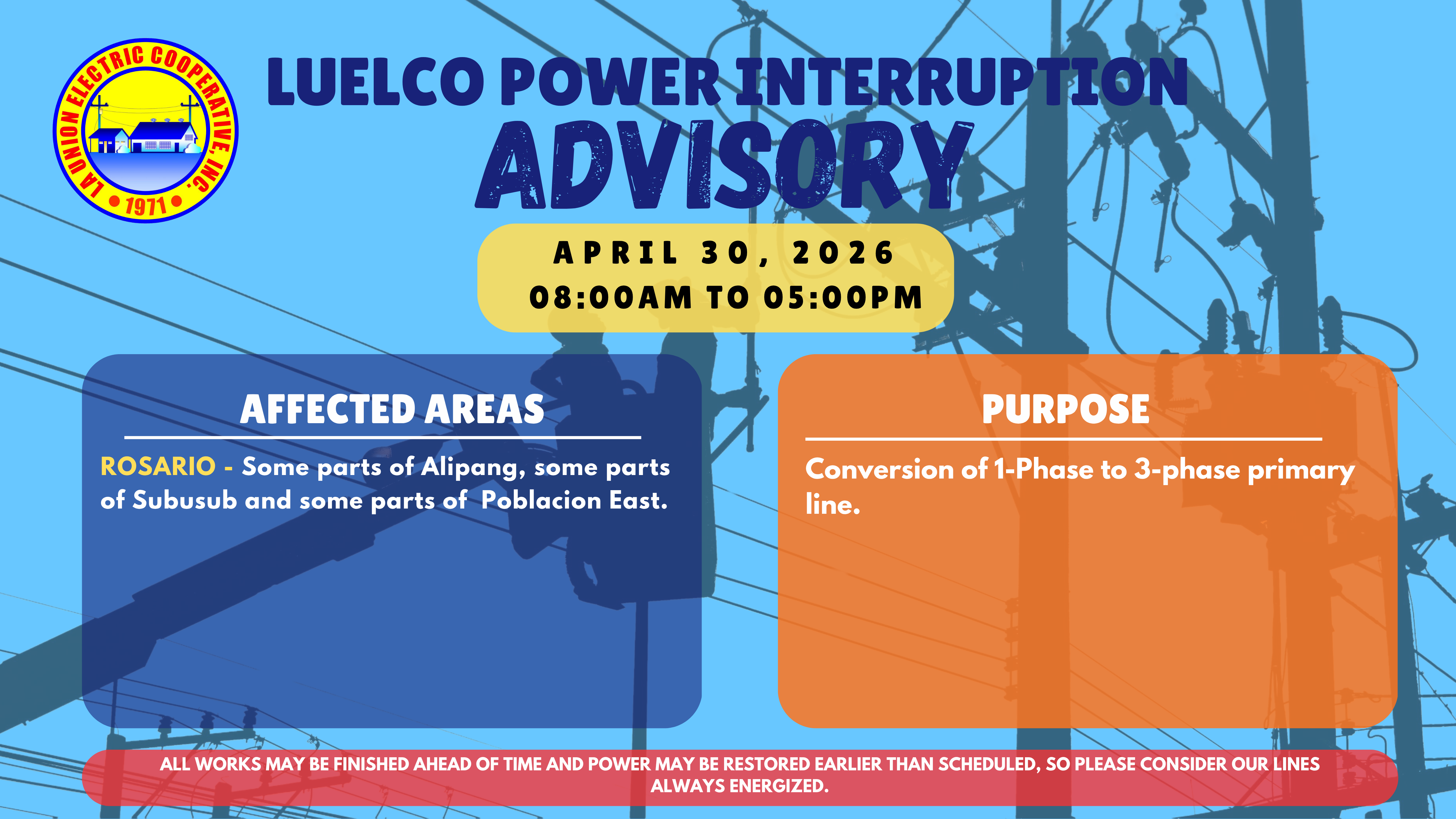 La Union Electric Cooperative, Inc.-Notice of Power Service Interruption-April 30, 2026.
