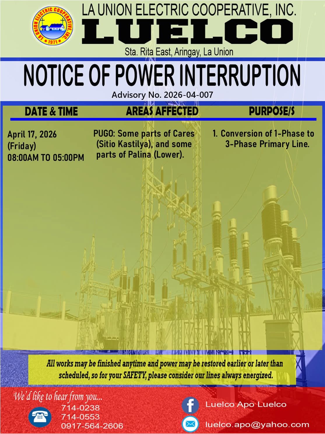 La Union Electric Cooperative, Inc.-Notice of Power Service Interruption-April 17, 2026.