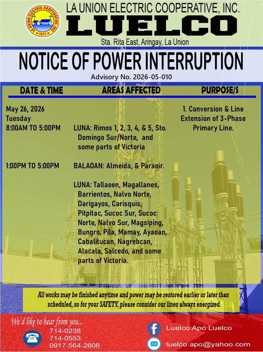 La Union Electric Cooperative, Inc.-Notice of Power Service Interruption-May 26, 2026.
