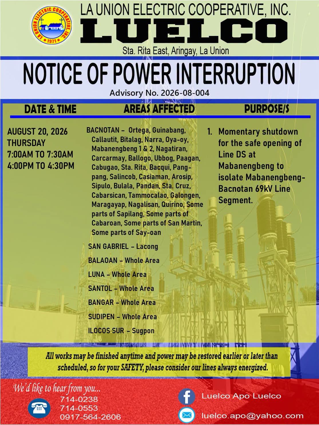 La Union Electric Cooperative, Inc.-Notice of Power Service Interruption-AUGUST 20, 2026.