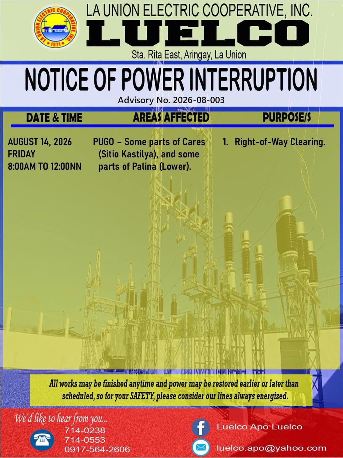 La Union Electric Cooperative, Inc.-Notice of Power Service Interruption-AUGUST 14, 2026.