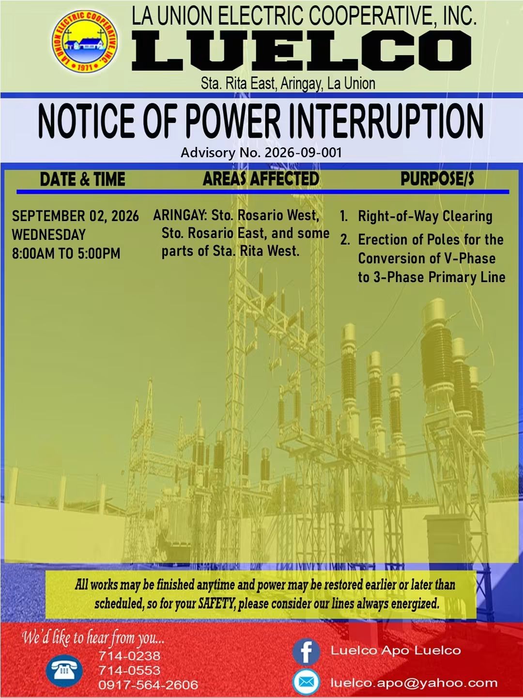 La Union Electric Cooperative, Inc.-Notice of Power Service Interruption-SEPTEMBER 02, 2026.