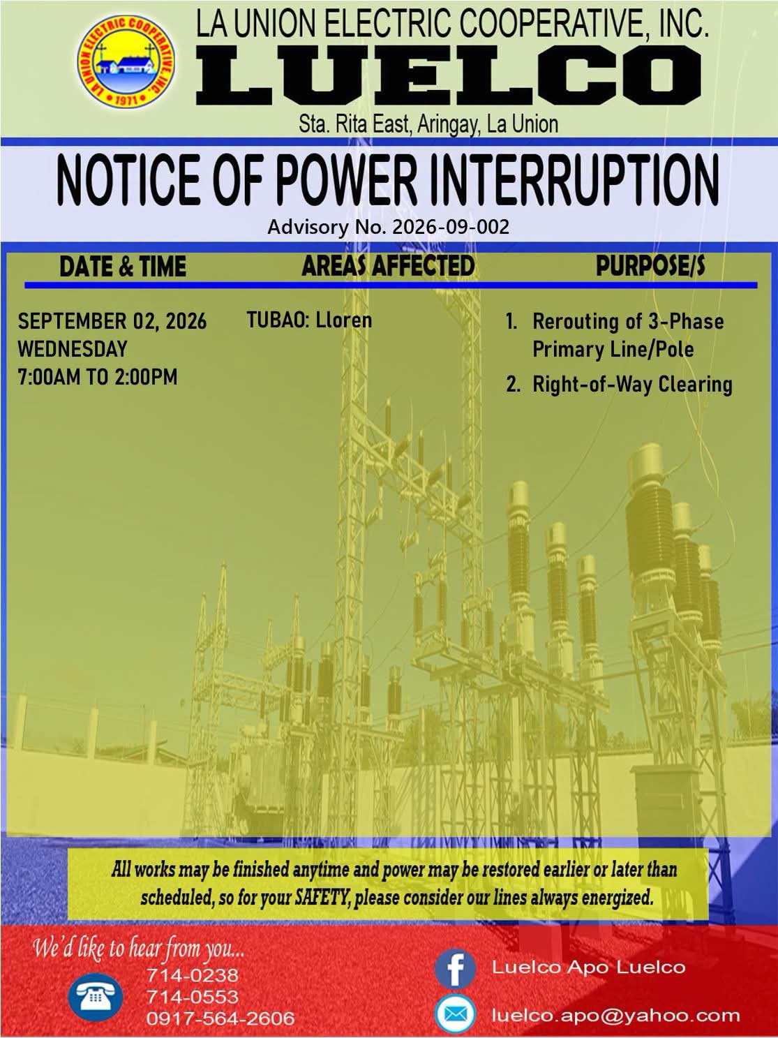 La Union Electric Cooperative, Inc.-Notice of Power Service Interruption-SEPTEMBER 02, 2026.