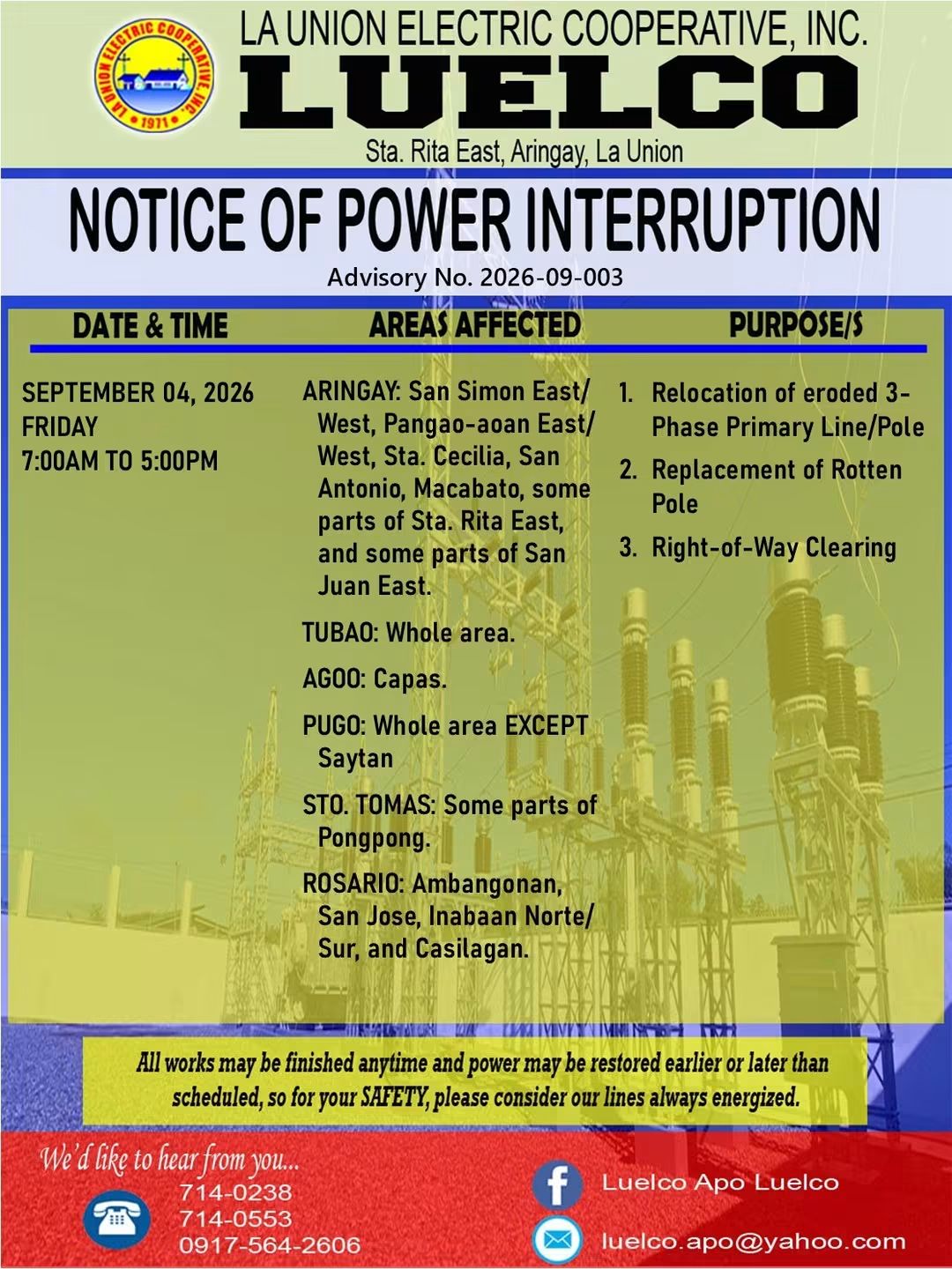 La Union Electric Cooperative, Inc.-Notice of Power Service Interruption-SEPTEMBER 04, 2026.