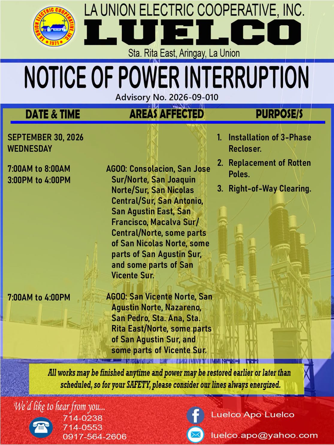 La Union Electric Cooperative, Inc.-Notice of Power Service Interruption-SEPTEMBER 30, 2026.