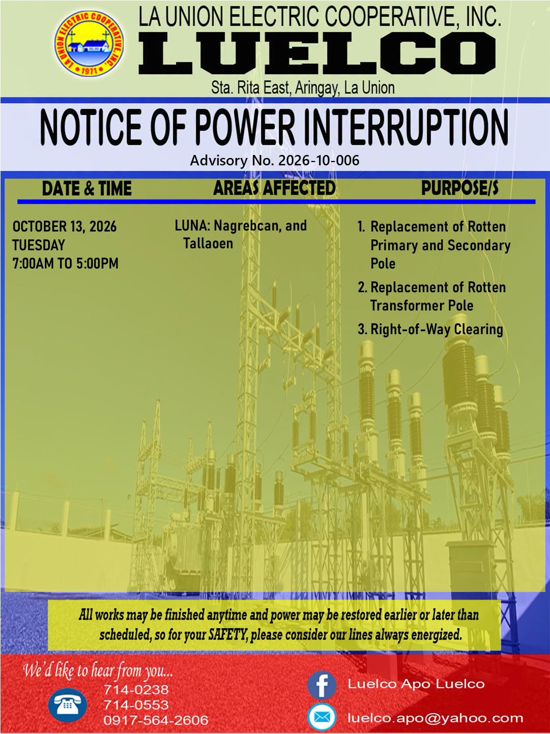La Union Electric Cooperative, Inc.-Notice of Power Service Interruption-OCTOBER 13, 2026.