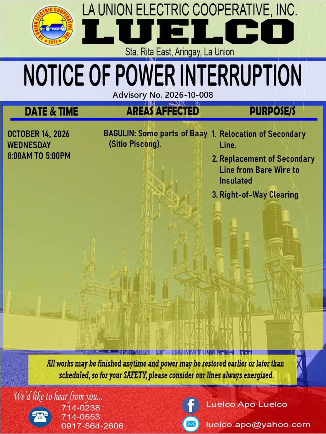 La Union Electric Cooperative, Inc.-Notice of Power Service Interruption-OCTOBER 14, 2026.