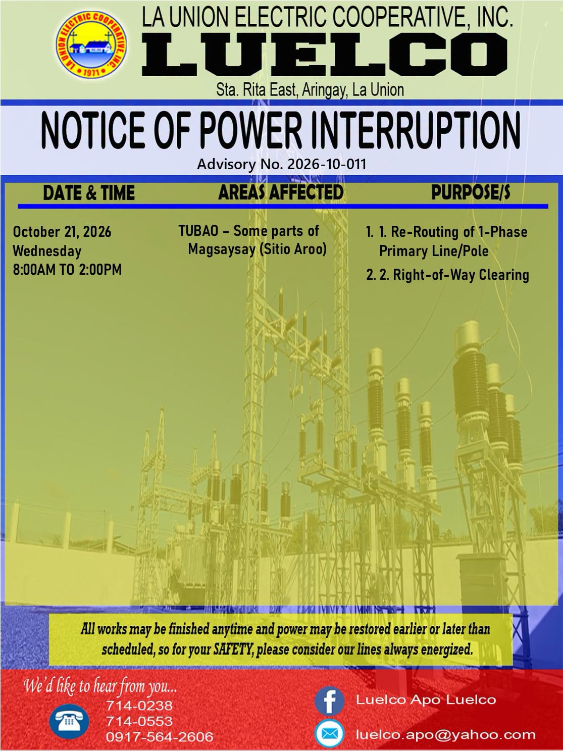 La Union Electric Cooperative, Inc.-Notice of Power Service Interruption-OCTOBER 21, 2026.